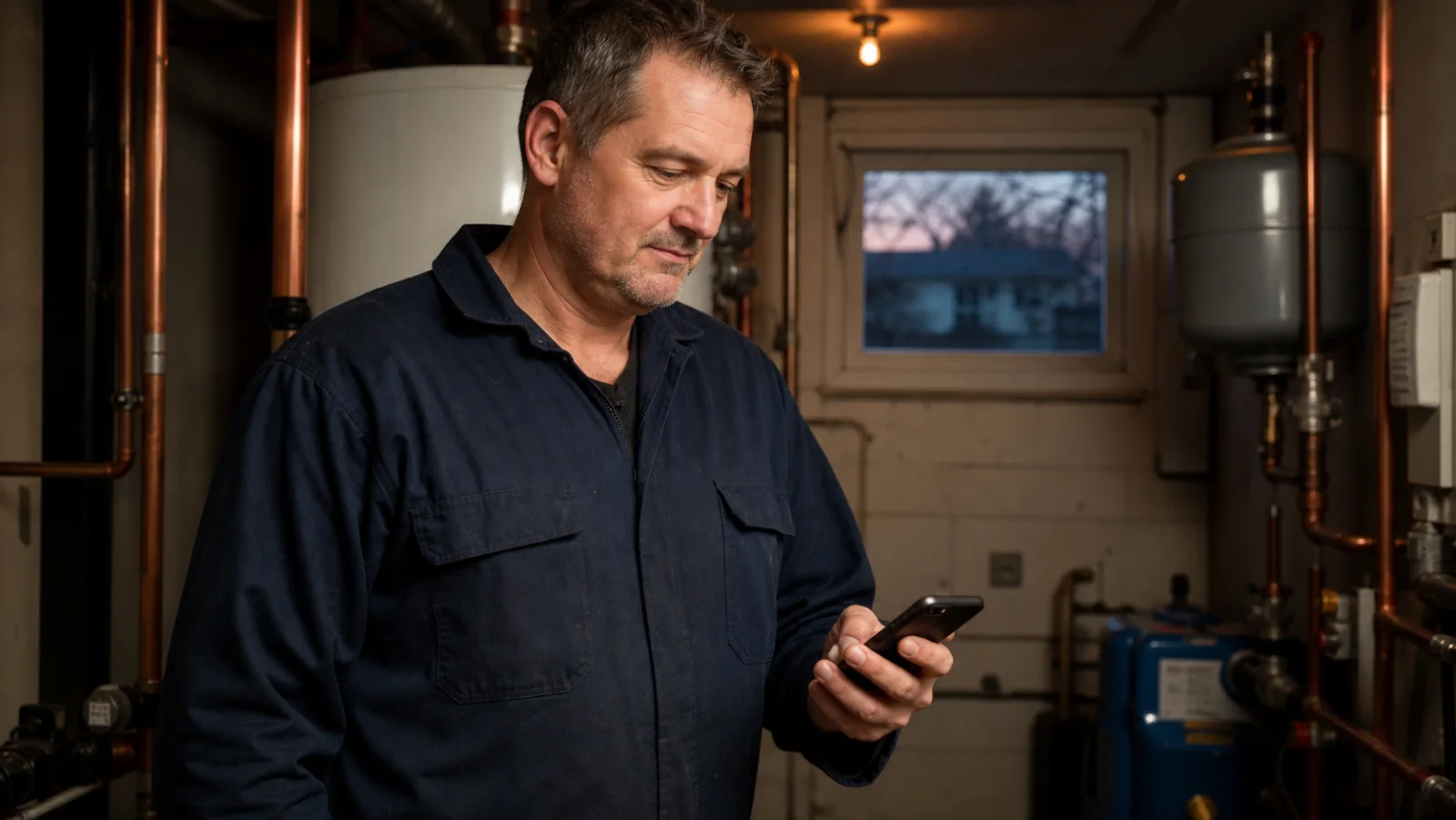 A plumbing contractor checking his phone at the end of the workday