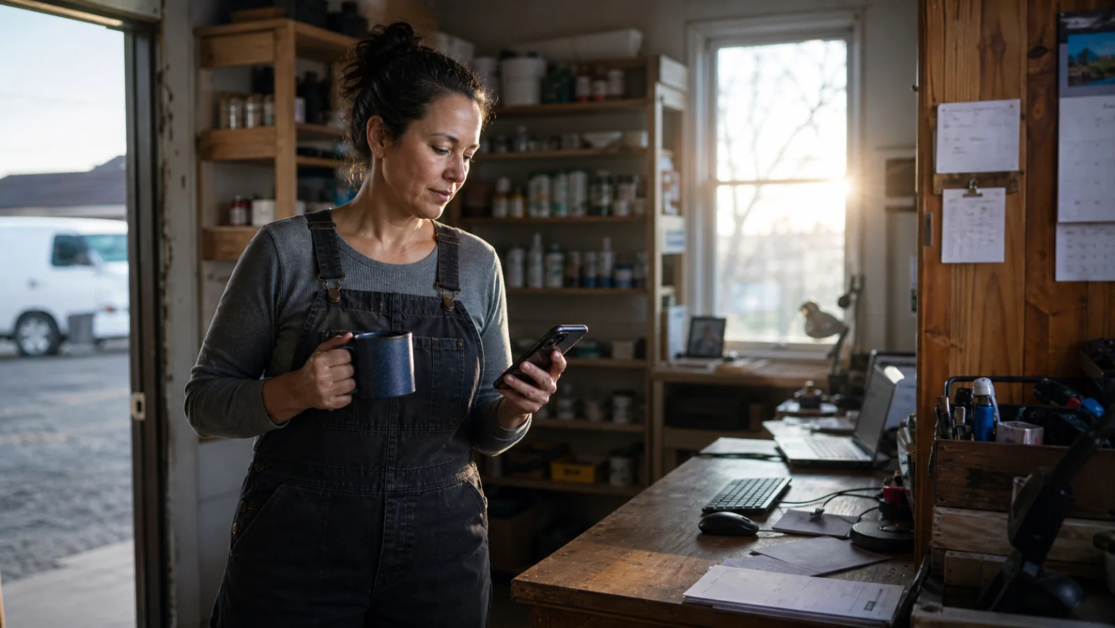 A local service-business owner reviewing new appointments in her workshop office