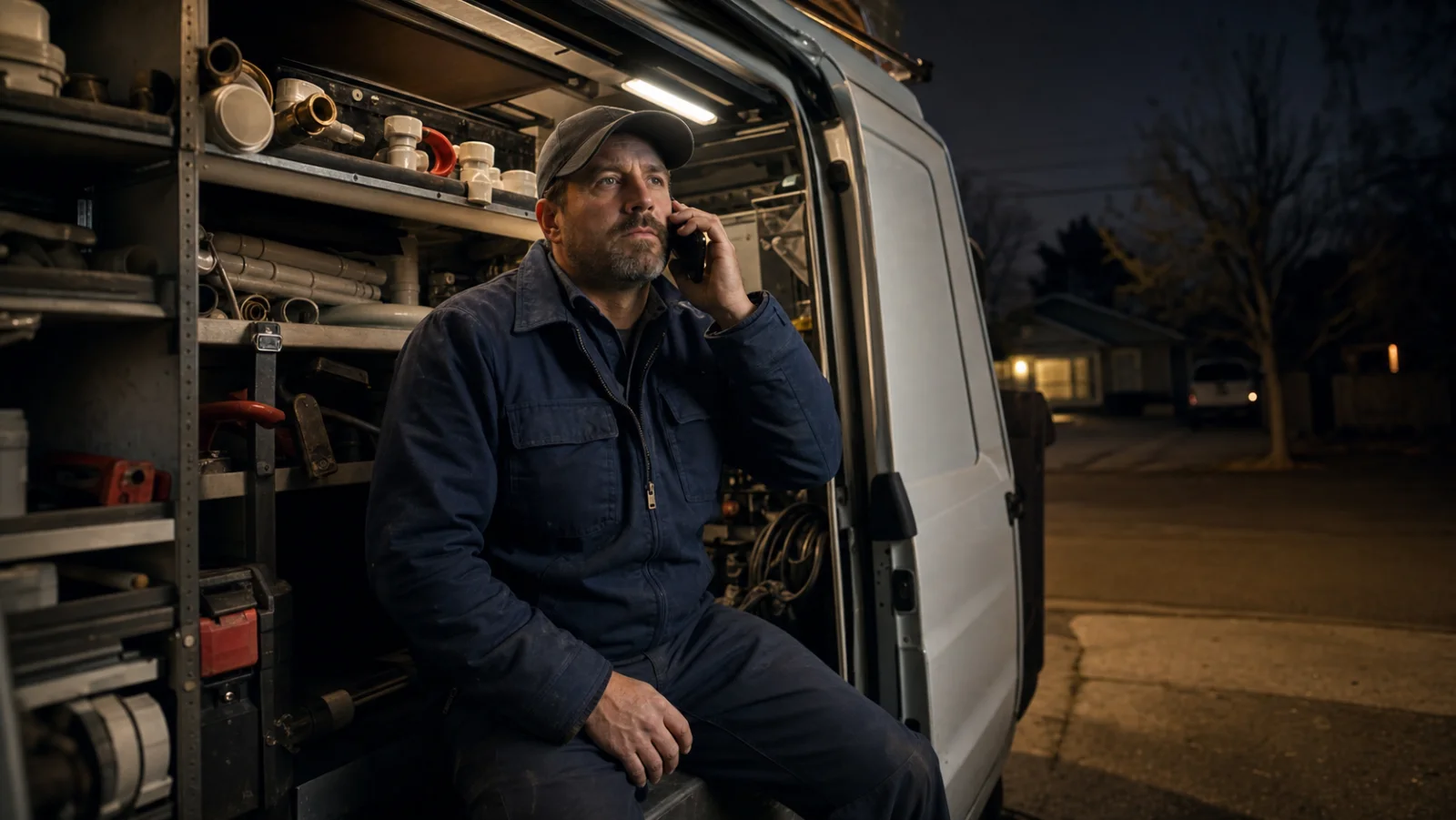 An on-call plumbing technician answering a phone call from his service van at night